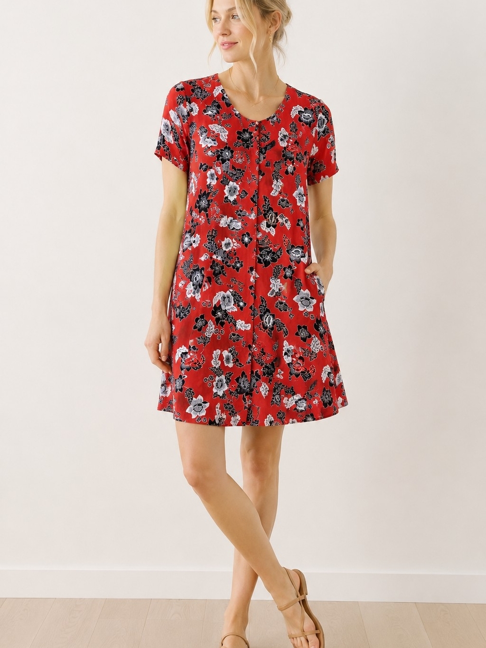 Minimum Red Floral Shift Dress Size 40 | Scandinavian Minimalist Summer